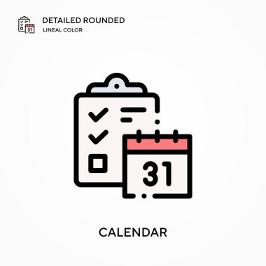 Takvim ayrıntılı yuvarlak doğrusal renk vektörü simgesi. Web mobil UI ögesi için resimleme sembolü tasarım şablonu. Düzenlenebilir vuruşlarda mükemmel renk modern piktogram. İş projeniz için takvim simgeleri
