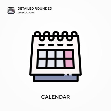 Takvim ayrıntılı yuvarlak doğrusal renk vektörü simgesi. Web mobil UI ögesi için resimleme sembolü tasarım şablonu. Düzenlenebilir vuruşlarda mükemmel renk modern piktogram. İş projeniz için takvim simgeleri