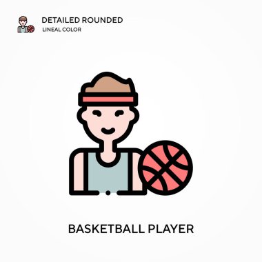 Basketbolcu yuvarlak lineal renk vektör simgesini detaylı olarak açıkladı. Web mobil UI ögesi için resimleme sembolü tasarım şablonu. Düzenlenebilir vuruşlarda mükemmel renk modern piktogram. İş projeniz için basketbol oyuncusu simgeleri