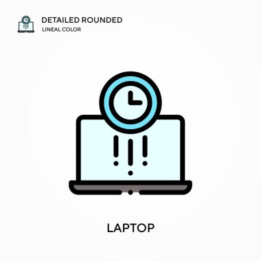 Laptop detaylı yuvarlak doğrusal renk vektör simgesi. Web mobil UI ögesi için resimleme sembolü tasarım şablonu. Düzenlenebilir vuruşlarda mükemmel renk modern piktogram. İş projeniz için dizüstü bilgisayar simgeleri