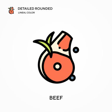 Biftek detaylı yuvarlak doğrusal renk vektör ikonu. Web mobil UI ögesi için resimleme sembolü tasarım şablonu. Düzenlenebilir vuruşlarda mükemmel renk modern piktogram. İş projeniz için sığır eti simgeleri