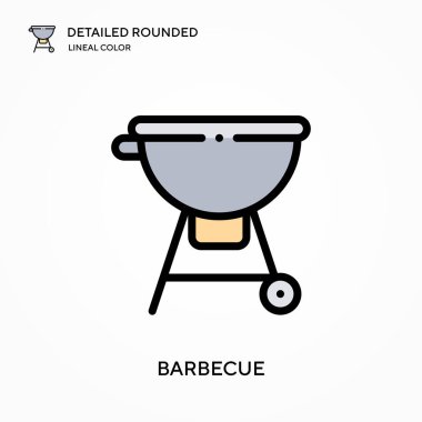 Barbekü detaylı yuvarlak doğrusal renk vektör ikonu. Web mobil UI ögesi için resimleme sembolü tasarım şablonu. Düzenlenebilir vuruşlarda mükemmel renk modern piktogram. İş projeniz için barbekü simgeleri