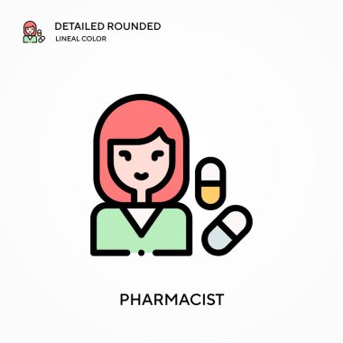 Eczacı yuvarlak doğrusal renk vektörü ikonunu detaylı olarak inceledi. Web mobil UI ögesi için resimleme sembolü tasarım şablonu. Düzenlenebilir vuruşlarda mükemmel renk modern piktogram. İş projeniz için eczacı simgeleri
