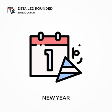 Yeni yıl ayrıntılı yuvarlak doğrusal renk vektörü simgesi. Web mobil UI ögesi için resimleme sembolü tasarım şablonu. Düzenlenebilir vuruşlarda mükemmel renk modern piktogram. İş projeniz için yeni yıl simgeleri