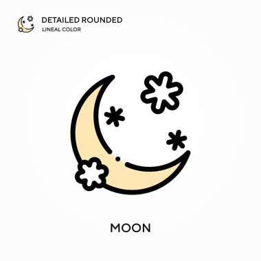 Ay detaylı yuvarlak doğrusal renk vektör simgesi. Web mobil UI ögesi için resimleme sembolü tasarım şablonu. Düzenlenebilir vuruşlarda mükemmel renk modern piktogram. İş projeniz için ay simgeleri