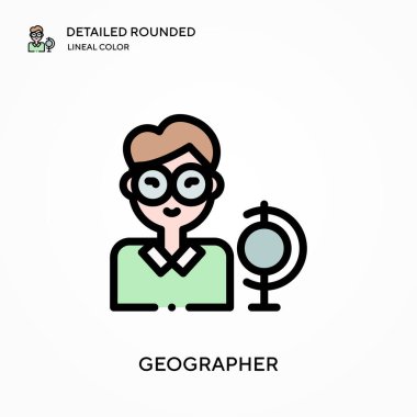 Coğrafyacı ayrıntılı yuvarlak doğrusal renk vektör simgesi. Web mobil UI ögesi için resimleme sembolü tasarım şablonu. Düzenlenebilir vuruşlarda mükemmel renk modern piktogram. İş projeniz için coğrafi simgeler