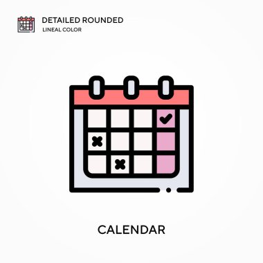 Takvim ayrıntılı yuvarlak doğrusal renk vektörü simgesi. Web mobil UI ögesi için resimleme sembolü tasarım şablonu. Düzenlenebilir vuruşlarda mükemmel renk modern piktogram. İş projeniz için takvim simgeleri