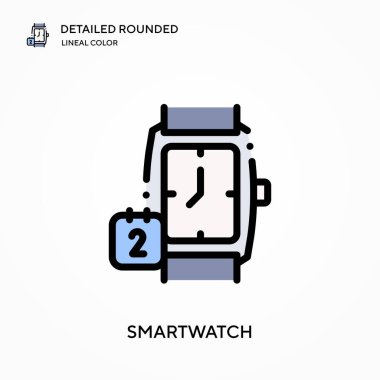 Smartwatch ayrıntılı yuvarlak doğrusal renk vektör simgesi. Web mobil UI ögesi için resimleme sembolü tasarım şablonu. Düzenlenebilir vuruşlarda mükemmel renk modern piktogram. İş projeniz için akıllı simgeler