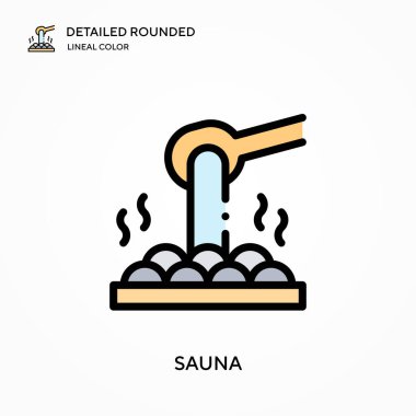 Sauna ayrıntılı yuvarlak doğrusal renk vektör simgesi. Web mobil UI ögesi için resimleme sembolü tasarım şablonu. Düzenlenebilir vuruşlarda mükemmel renk modern piktogram. İş projeniz için sauna simgeleri