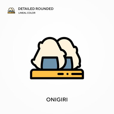 Onigiri ayrıntılı yuvarlak doğrusal renk vektör simgesi. Web mobil UI ögesi için resimleme sembolü tasarım şablonu. Düzenlenebilir vuruşlarda mükemmel renk modern piktogram. İş projeniz için onigiri simgeleri