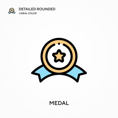 Madalya detaylı yuvarlak doğrusal renk vektör ikonu. Web mobil UI ögesi için resimleme sembolü tasarım şablonu. Düzenlenebilir vuruşlarda mükemmel renk modern piktogram. İş projeniz için madalya simgeleri