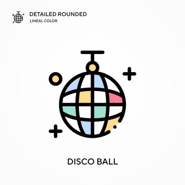 Disko topu yuvarlak doğrusal renk vektör simgesini detaylı olarak açıkladı. Web mobil UI ögesi için resimleme sembolü tasarım şablonu. Düzenlenebilir vuruşlarda mükemmel renk modern piktogram. İş projeniz için disko topu simgeleri