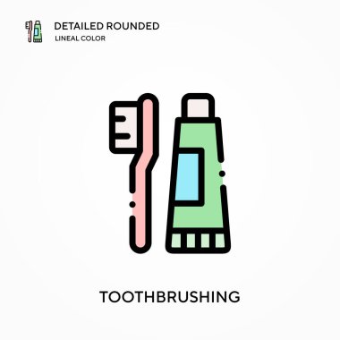 Diş fırçalama detaylı yuvarlak doğrusal renk vektör ikonu. Web mobil UI ögesi için resimleme sembolü tasarım şablonu. Düzenlenebilir vuruşlarda mükemmel renk modern piktogram. İş projeniz için diş fırçalama simgeleri