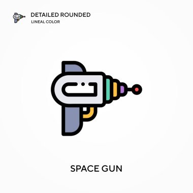 Uzay silahı yuvarlak doğrusal renk vektör simgesini detaylı olarak açıkladı. Web mobil UI ögesi için resimleme sembolü tasarım şablonu. Düzenlenebilir vuruşlarda mükemmel renk modern piktogram. İş projeniz için uzay silahı simgeleri