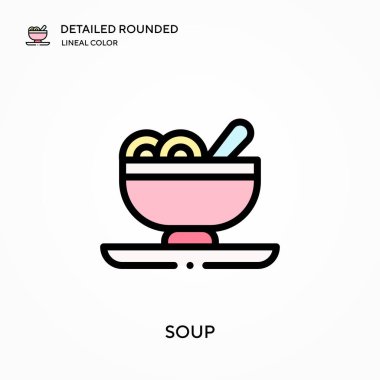 Çorba detaylı yuvarlak doğrusal renk vektör simgesi. Web mobil UI ögesi için resimleme sembolü tasarım şablonu. Düzenlenebilir vuruşlarda mükemmel renk modern piktogram. İş projeniz için çorba simgeleri