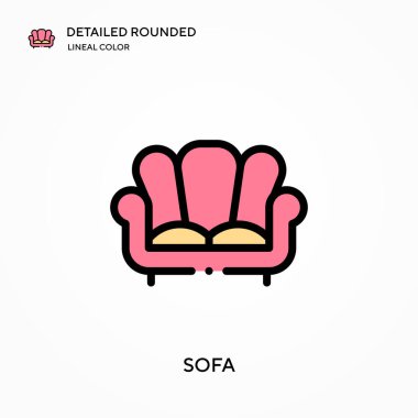 Kanepe detaylı yuvarlak doğrusal renk vektör simgesi. Web mobil UI ögesi için resimleme sembolü tasarım şablonu. Düzenlenebilir vuruşlarda mükemmel renk modern piktogram. İş projeniz için kanepe simgeleri