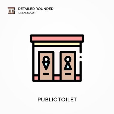 Umumi tuvalet detaylı yuvarlak doğrusal renk vektör simgesi. Web mobil UI ögesi için resimleme sembolü tasarım şablonu. Düzenlenebilir vuruşlarda mükemmel renk modern piktogram. İş projeniz için umumi tuvalet simgeleri