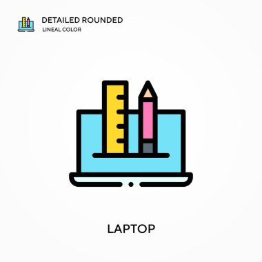 Laptop detaylı yuvarlak doğrusal renk vektör simgesi. Web mobil UI ögesi için resimleme sembolü tasarım şablonu. Düzenlenebilir vuruşlarda mükemmel renk modern piktogram. İş projeniz için dizüstü bilgisayar simgeleri