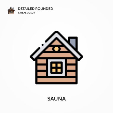 Sauna ayrıntılı yuvarlak doğrusal renk vektör simgesi. Web mobil UI ögesi için resimleme sembolü tasarım şablonu. Düzenlenebilir vuruşlarda mükemmel renk modern piktogram. İş projeniz için sauna simgeleri