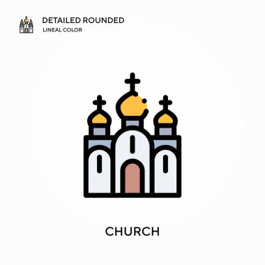 Kilise yuvarlak doğrusal renk vektör simgesini detaylı olarak açıkladı. Web mobil UI ögesi için resimleme sembolü tasarım şablonu. Düzenlenebilir vuruşlarda mükemmel renk modern piktogram. İş projeniz için kilise simgeleri