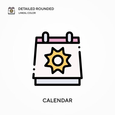 Takvim ayrıntılı yuvarlak doğrusal renk vektörü simgesi. Web mobil UI ögesi için resimleme sembolü tasarım şablonu. Düzenlenebilir vuruşlarda mükemmel renk modern piktogram. İş projeniz için takvim simgeleri