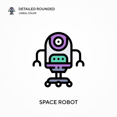 Uzay robotu yuvarlak doğrusal renk vektör simgesini detaylı olarak açıkladı. Web mobil UI ögesi için resimleme sembolü tasarım şablonu. Düzenlenebilir vuruşlarda mükemmel renk modern piktogram. İş projeniz için uzay robotu simgeleri