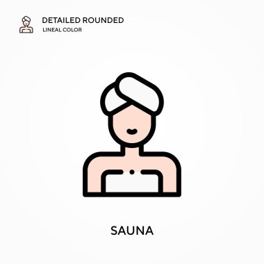 Sauna ayrıntılı yuvarlak doğrusal renk vektör simgesi. Web mobil UI ögesi için resimleme sembolü tasarım şablonu. Düzenlenebilir vuruşlarda mükemmel renk modern piktogram. İş projeniz için sauna simgeleri