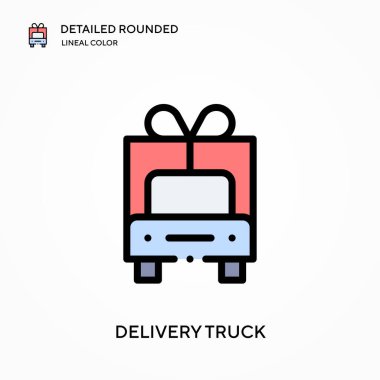Teslimat kamyonu yuvarlak doğrusal renk vektör simgesini detaylı olarak açıkladı. Web mobil UI ögesi için resimleme sembolü tasarım şablonu. Düzenlenebilir vuruşlarda mükemmel renk modern piktogram. İş projeniz için kamyon simgeleri