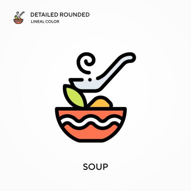 Çorba detaylı yuvarlak doğrusal renk vektör simgesi. Web mobil UI ögesi için resimleme sembolü tasarım şablonu. Düzenlenebilir vuruşlarda mükemmel renk modern piktogram. İş projeniz için çorba simgeleri