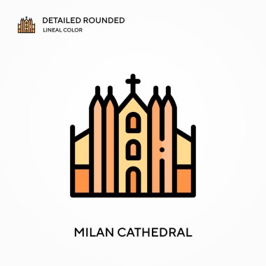 Milan katedrali yuvarlak doğrusal renk vektör simgesini detaylı olarak açıkladı. Web mobil UI ögesi için resimleme sembolü tasarım şablonu. Düzenlenebilir vuruşlarda mükemmel renk modern piktogram. İş projeniz için Milan katedral simgeleri