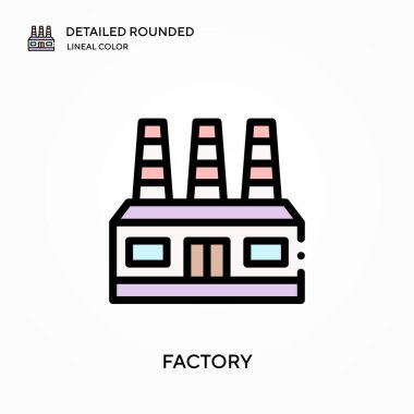 Fabrika detaylı yuvarlak doğrusal renk vektör ikonu. Web mobil UI ögesi için resimleme sembolü tasarım şablonu. Düzenlenebilir vuruşlarda mükemmel renk modern piktogram. İş projeniz için fabrika simgeleri