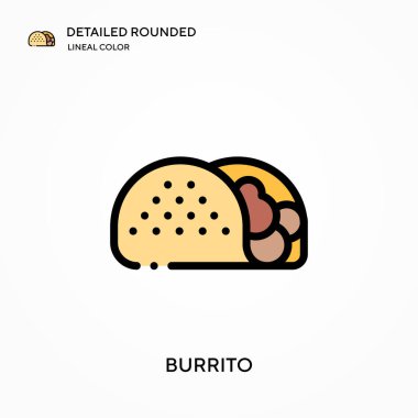 Burrito ayrıntılı yuvarlak doğrusal renk vektör ikonu. Web mobil UI ögesi için resimleme sembolü tasarım şablonu. Düzenlenebilir vuruşlarda mükemmel renk modern piktogram. İş projeniz için burrito simgeleri