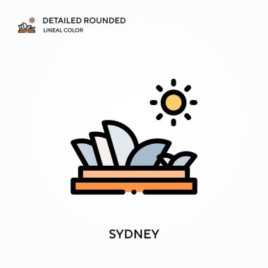 Sydney yuvarlak doğrusal renk vektör simgesini detaylı olarak açıkladı. Web mobil UI ögesi için resimleme sembolü tasarım şablonu. Düzenlenebilir vuruşlarda mükemmel renk modern piktogram. İş projeniz için Sydney simgeleri