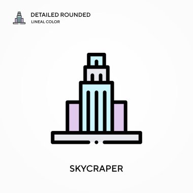 Skycraper ayrıntılı yuvarlak doğrusal renk vektör simgesi. Web mobil UI ögesi için resimleme sembolü tasarım şablonu. Düzenlenebilir vuruşlarda mükemmel renk modern piktogram. İş projeniz için Skycraper simgeleri