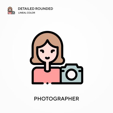 Fotoğrafçı yuvarlak lineal renk vektör simgesini detaylı olarak açıkladı. Web mobil UI ögesi için resimleme sembolü tasarım şablonu. Düzenlenebilir vuruşlarda mükemmel renk modern piktogram. İş projeniz için fotoğrafçı simgeleri