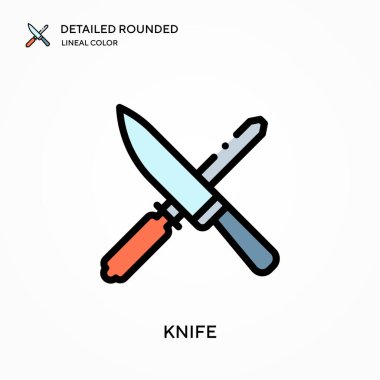 Bıçak ayrıntılı yuvarlak doğrusal renk vektör simgesi. Web mobil UI ögesi için resimleme sembolü tasarım şablonu. Düzenlenebilir vuruşlarda mükemmel renk modern piktogram. İş projeniz için bıçak simgeleri