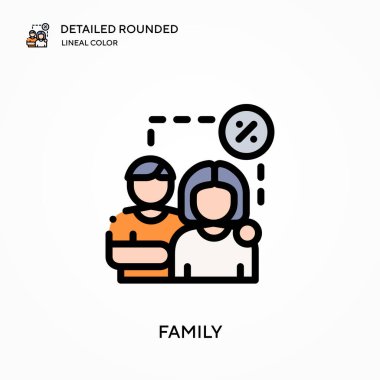 Aile detaylı yuvarlak doğrusal renk vektör simgesi. Web mobil UI ögesi için resimleme sembolü tasarım şablonu. Düzenlenebilir vuruşlarda mükemmel renk modern piktogram. İş projeniz için aile simgeleri
