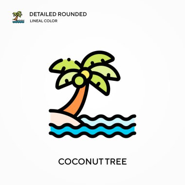 Hindistan cevizi ağacı ayrıntılı yuvarlak doğrusal renk vektör simgesi. Web mobil UI ögesi için resimleme sembolü tasarım şablonu. Düzenlenebilir vuruşlarda mükemmel renk modern piktogram. İş projeniz için hindistan cevizi ağacı simgeleri
