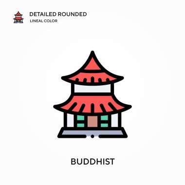 Budist ayrıntılı yuvarlak doğrusal renk vektör ikonu. Web mobil UI ögesi için resimleme sembolü tasarım şablonu. Düzenlenebilir vuruşlarda mükemmel renk modern piktogram. İş projeniz için Budist simgeleri