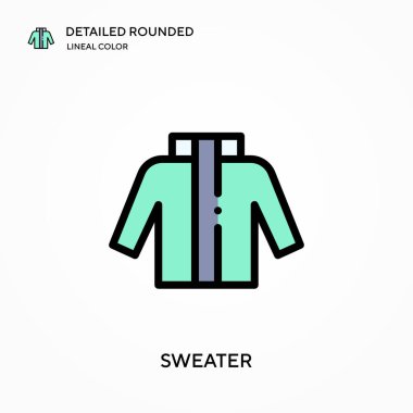 Süveter ayrıntılı yuvarlak doğrusal renk vektör ikonu. Web mobil UI ögesi için resimleme sembolü tasarım şablonu. Düzenlenebilir vuruşlarda mükemmel renk modern piktogram. İş projeniz için süveter simgeleri