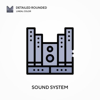 Ses sistemi yuvarlak doğrusal renk vektörü simgesini detaylı olarak açıkladı. Web mobil UI ögesi için resimleme sembolü tasarım şablonu. Düzenlenebilir vuruşlarda mükemmel renk modern piktogram. İş projeniz için ses sistemi simgeleri
