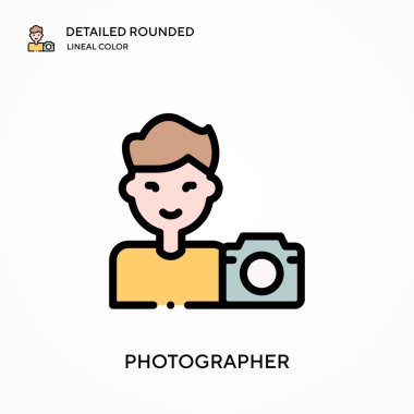 Fotoğrafçı yuvarlak lineal renk vektör simgesini detaylı olarak açıkladı. Web mobil UI ögesi için resimleme sembolü tasarım şablonu. Düzenlenebilir vuruşlarda mükemmel renk modern piktogram. İş projeniz için fotoğrafçı simgeleri