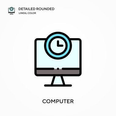 Bilgisayar ayrıntılı yuvarlak doğrusal renk vektör simgesi. Web mobil UI ögesi için resimleme sembolü tasarım şablonu. Düzenlenebilir vuruşlarda mükemmel renk modern piktogram. İş projeniz için bilgisayar simgeleri