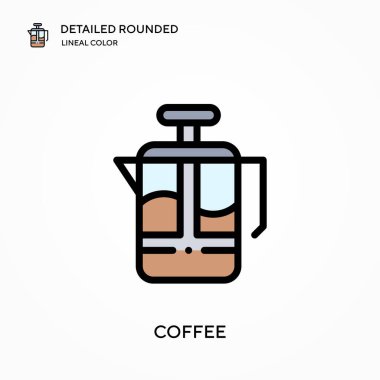 Kahve detaylı yuvarlak doğrusal renk vektör ikonu. Web mobil UI ögesi için resimleme sembolü tasarım şablonu. Düzenlenebilir vuruşlarda mükemmel renk modern piktogram. İş projeniz için kahve simgeleri