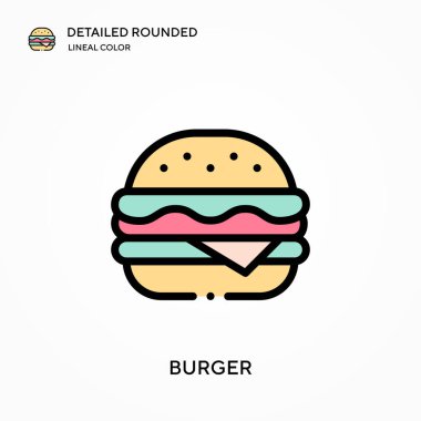 Hamburger ayrıntılı yuvarlak doğrusal renk vektör ikonu. Web mobil UI ögesi için resimleme sembolü tasarım şablonu. Düzenlenebilir vuruşlarda mükemmel renk modern piktogram. İş projeniz için burger simgeleri