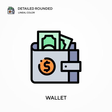 Cüzdan detaylı yuvarlak doğrusal renk vektör simgesi. Web mobil UI ögesi için resimleme sembolü tasarım şablonu. Düzenlenebilir vuruşlarda mükemmel renk modern piktogram. İş projeniz için cüzdan simgeleri