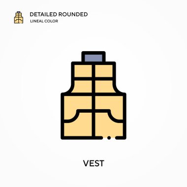 Yelek detaylı yuvarlak doğrusal renk vektör simgesi. Web mobil UI ögesi için resimleme sembolü tasarım şablonu. Düzenlenebilir vuruşlarda mükemmel renk modern piktogram. İş projeniz için yelek simgeleri
