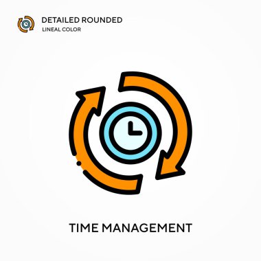 Zaman yönetimi yuvarlak doğrusal renk vektörü simgesini detaylı olarak açıkladı. Web mobil UI ögesi için resimleme sembolü tasarım şablonu. Düzenlenebilir vuruşlarda mükemmel renk modern piktogram. İş projeniz için zaman yönetimi simgeleri