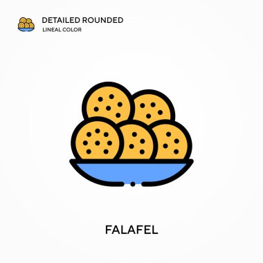 Falafel ayrıntılı yuvarlak doğrusal renk vektör ikonu. Web mobil UI ögesi için resimleme sembolü tasarım şablonu. Düzenlenebilir vuruşlarda mükemmel renk modern piktogram. İş projeniz için Falafel simgeleri