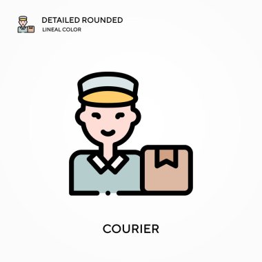Kurye ayrıntılı yuvarlak doğrusal renk vektör simgesi. Web mobil UI ögesi için resimleme sembolü tasarım şablonu. Düzenlenebilir vuruşlarda mükemmel renk modern piktogram. İş projeniz için kurye simgeleri
